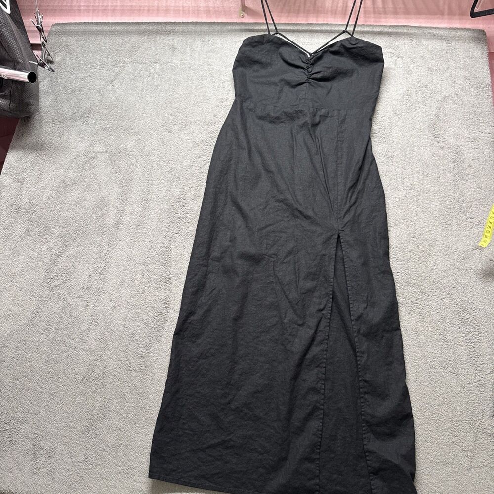 ZARA Midi Dress LARGE Floral Strappy Side Slit Black LINEN Blend 8741/800